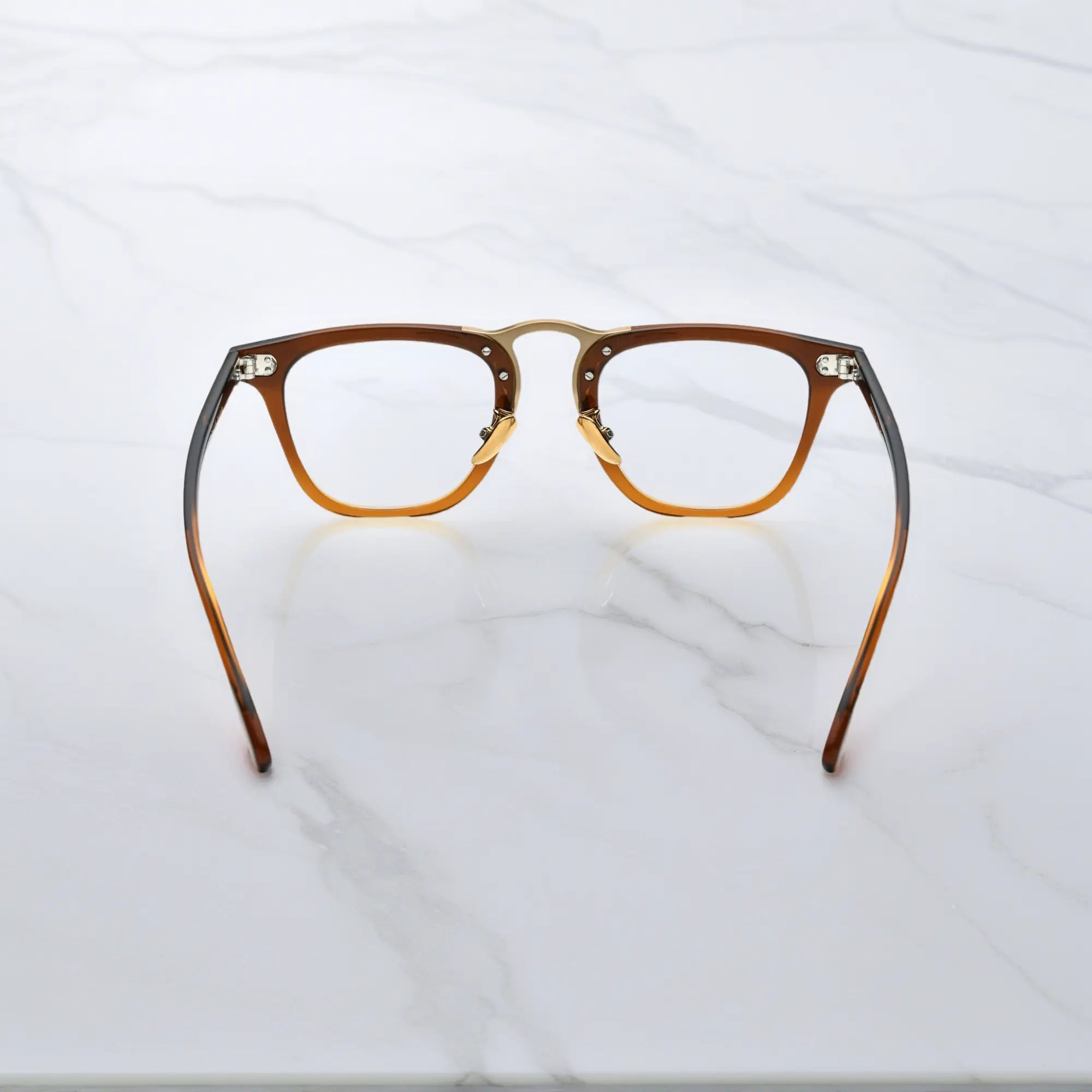 Rear view of VoyueLens™ VL19214 brown square acetate glasses, showing temple curvature and inner surface craftsmanship.